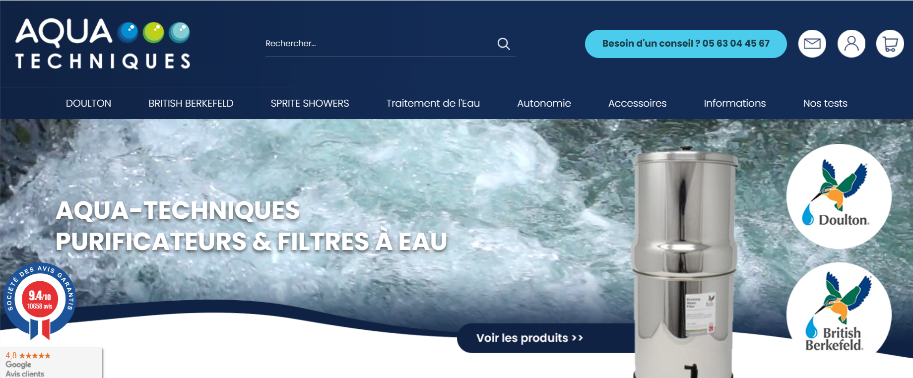 Capture d'écran de l'accueil du site Aqua techniques