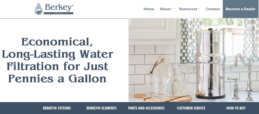 Capture d'écran de l'accueil du site Berkey Filters