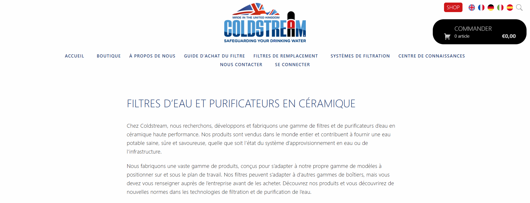 Capture d'écran de l'accueil du site Coldstream